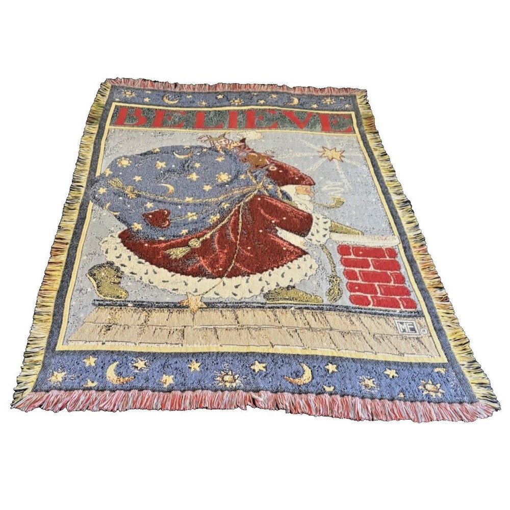 VTG Mary Engelbreit Believe Santa Crhistmas Tapestry Throw Blanket Fringed Woven